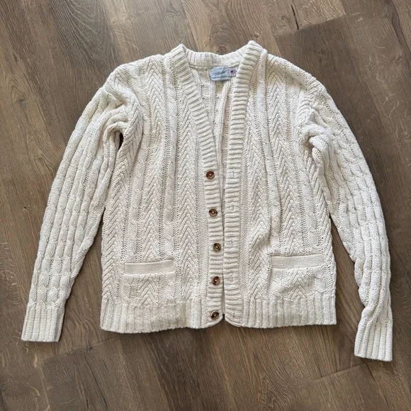 Cream Cable-Knit Button-Front Cardigan made in USA 100% cotton - Picture 5 of 10